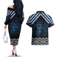 New Zealand Matariki Couples Matching Off The Shoulder Long Sleeve Dress and Hawaiian Shirt Galaxy Styled Taniko LT7 - Polynesian Pride