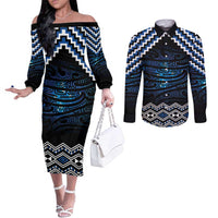 New Zealand Matariki Couples Matching Off The Shoulder Long Sleeve Dress and Long Sleeve Button Shirt Galaxy Styled Taniko LT7 Blue - Polynesian Pride