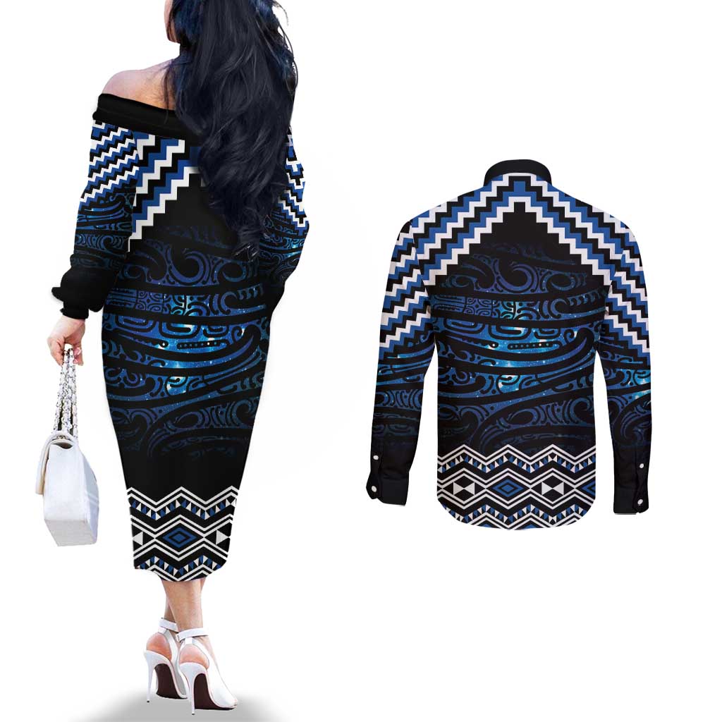 New Zealand Matariki Couples Matching Off The Shoulder Long Sleeve Dress and Long Sleeve Button Shirt Galaxy Styled Taniko LT7 - Polynesian Pride