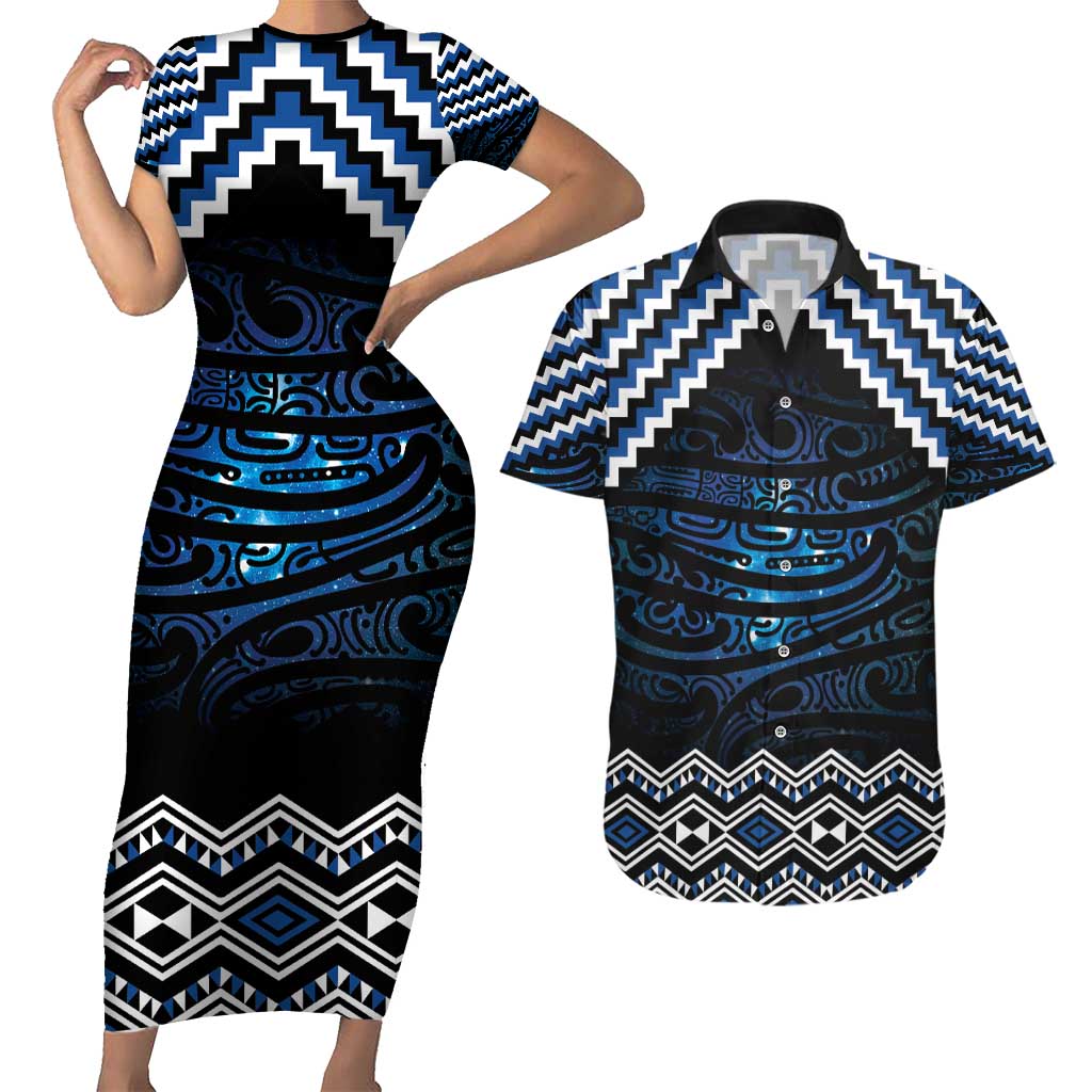New Zealand Matariki Couples Matching Short Sleeve Bodycon Dress and Hawaiian Shirt Galaxy Styled Taniko LT7 Blue - Polynesian Pride