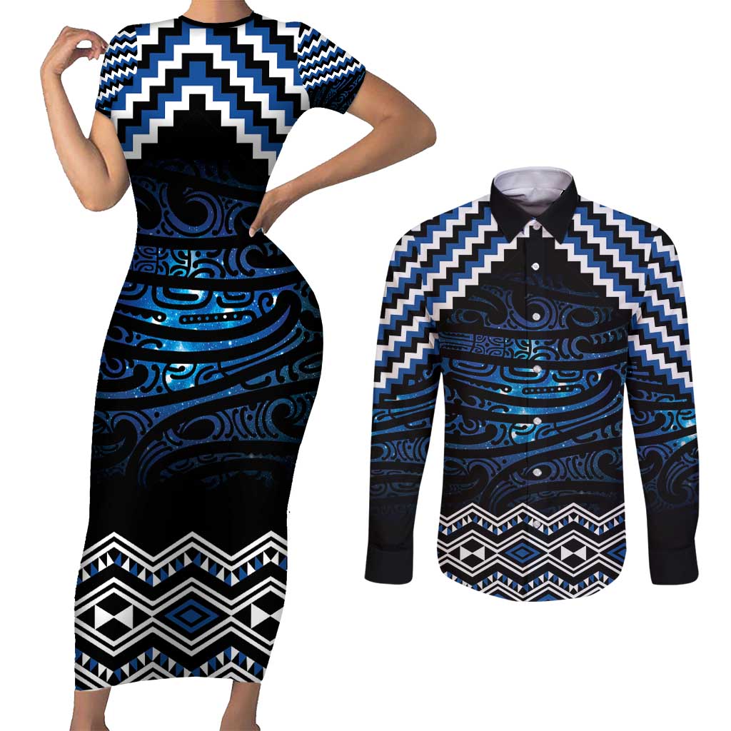 New Zealand Matariki Couples Matching Short Sleeve Bodycon Dress and Long Sleeve Button Shirt Galaxy Styled Taniko LT7 Blue - Polynesian Pride