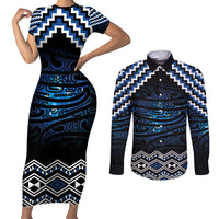 New Zealand Matariki Couples Matching Short Sleeve Bodycon Dress and Long Sleeve Button Shirt Galaxy Styled Taniko LT7 Blue - Polynesian Pride