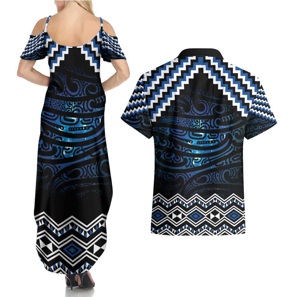 New Zealand Matariki Couples Matching Summer Maxi Dress and Hawaiian Shirt Galaxy Styled Taniko LT7 - Polynesian Pride