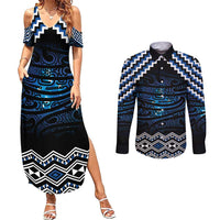 New Zealand Matariki Couples Matching Summer Maxi Dress and Long Sleeve Button Shirt Galaxy Styled Taniko LT7 Blue - Polynesian Pride