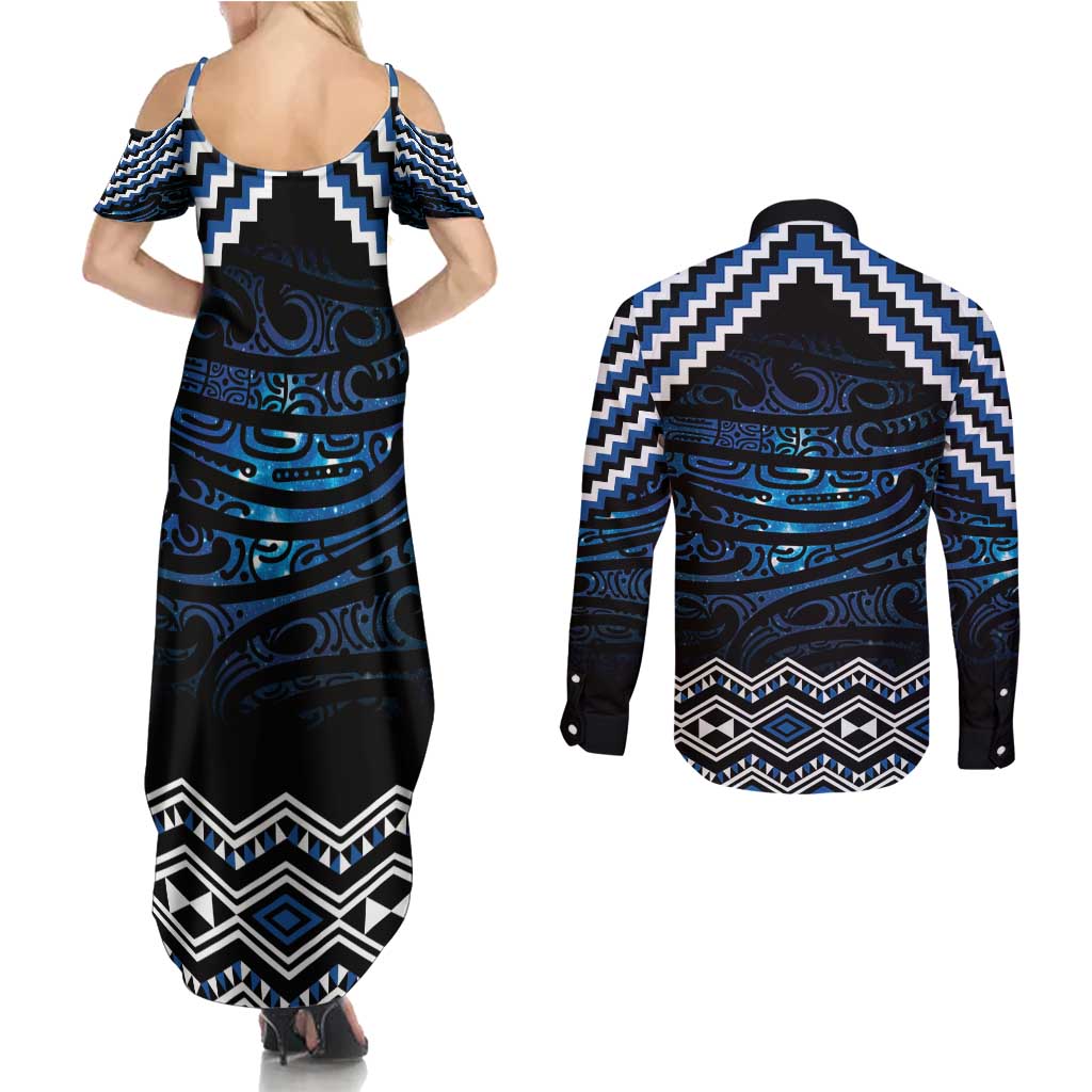 New Zealand Matariki Couples Matching Summer Maxi Dress and Long Sleeve Button Shirt Galaxy Styled Taniko LT7 - Polynesian Pride