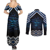 New Zealand Matariki Couples Matching Summer Maxi Dress and Long Sleeve Button Shirt Galaxy Styled Taniko LT7 - Polynesian Pride