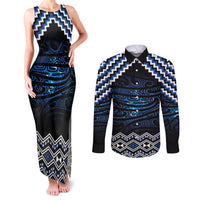New Zealand Matariki Couples Matching Tank Maxi Dress and Long Sleeve Button Shirt Galaxy Styled Taniko LT7 Blue - Polynesian Pride