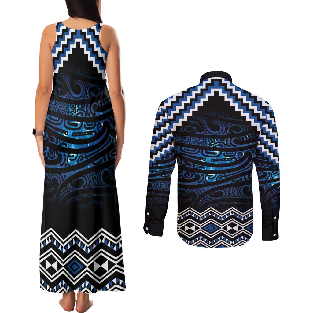 New Zealand Matariki Couples Matching Tank Maxi Dress and Long Sleeve Button Shirt Galaxy Styled Taniko LT7 - Polynesian Pride