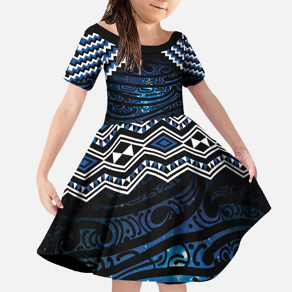 New Zealand Matariki Family Matching Long Sleeve Bodycon Dress and Hawaiian Shirt Galaxy Styled Taniko LT7 Daughter's Dress Blue - Polynesian Pride