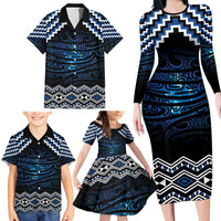 New Zealand Matariki Family Matching Long Sleeve Bodycon Dress and Hawaiian Shirt Galaxy Styled Taniko LT7 - Polynesian Pride