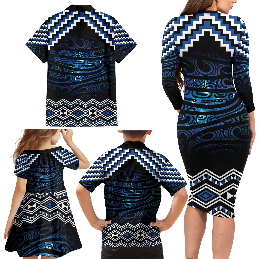New Zealand Matariki Family Matching Long Sleeve Bodycon Dress and Hawaiian Shirt Galaxy Styled Taniko LT7 - Polynesian Pride