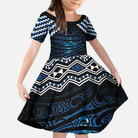 New Zealand Matariki Family Matching Mermaid Dress and Hawaiian Shirt Galaxy Styled Taniko LT7 Daughter's Dress Blue - Polynesian Pride