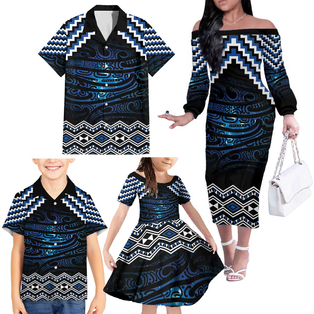 New Zealand Matariki Family Matching Off The Shoulder Long Sleeve Dress and Hawaiian Shirt Galaxy Styled Taniko LT7 - Polynesian Pride