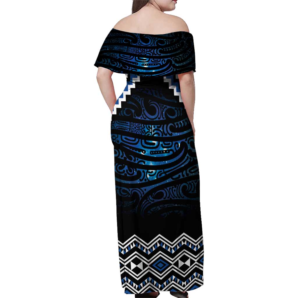 New Zealand Matariki Family Matching Off Shoulder Maxi Dress and Hawaiian Shirt Galaxy Styled Taniko LT7 - Polynesian Pride