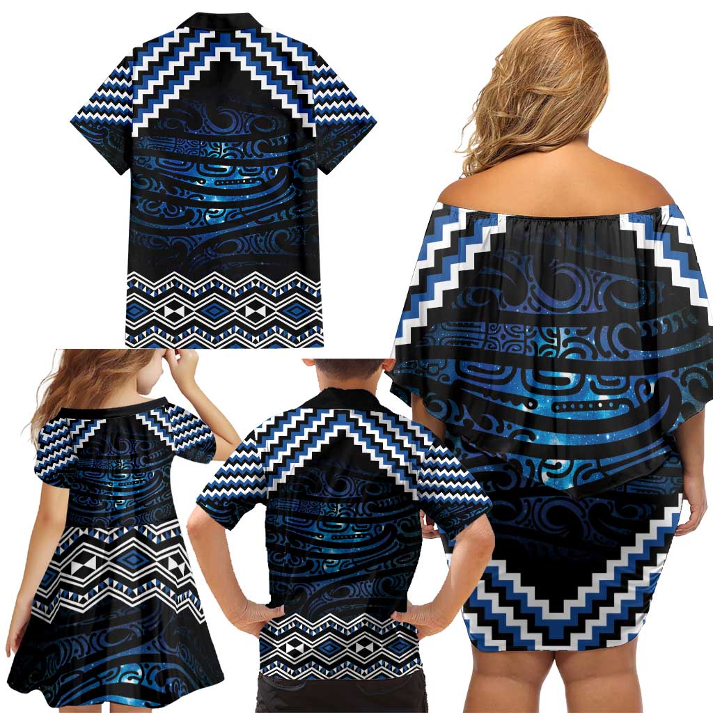 New Zealand Matariki Family Matching Off Shoulder Short Dress and Hawaiian Shirt Galaxy Styled Taniko LT7 - Polynesian Pride