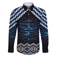 New Zealand Matariki Family Matching Puletasi and Hawaiian Shirt Galaxy Styled Taniko LT7 Dad's Shirt - Long Sleeve Blue - Polynesian Pride