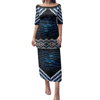 New Zealand Matariki Family Matching Puletasi and Hawaiian Shirt Galaxy Styled Taniko LT7 Mom's Dress Blue - Polynesian Pride