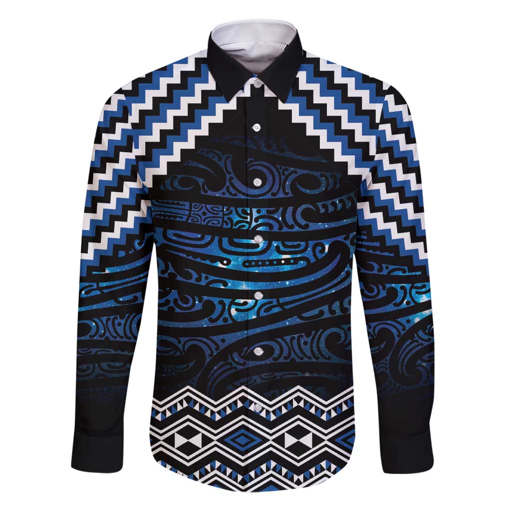 New Zealand Matariki Family Matching Short Sleeve Bodycon Dress and Hawaiian Shirt Galaxy Styled Taniko LT7 Dad's Shirt - Long Sleeve Blue - Polynesian Pride