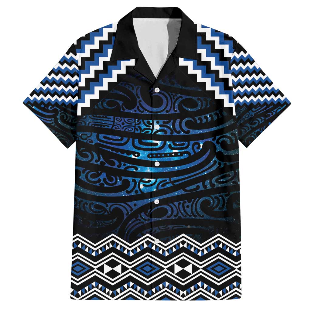 New Zealand Matariki Family Matching Summer Maxi Dress and Hawaiian Shirt Galaxy Styled Taniko LT7 Dad's Shirt - Short Sleeve Blue - Polynesian Pride