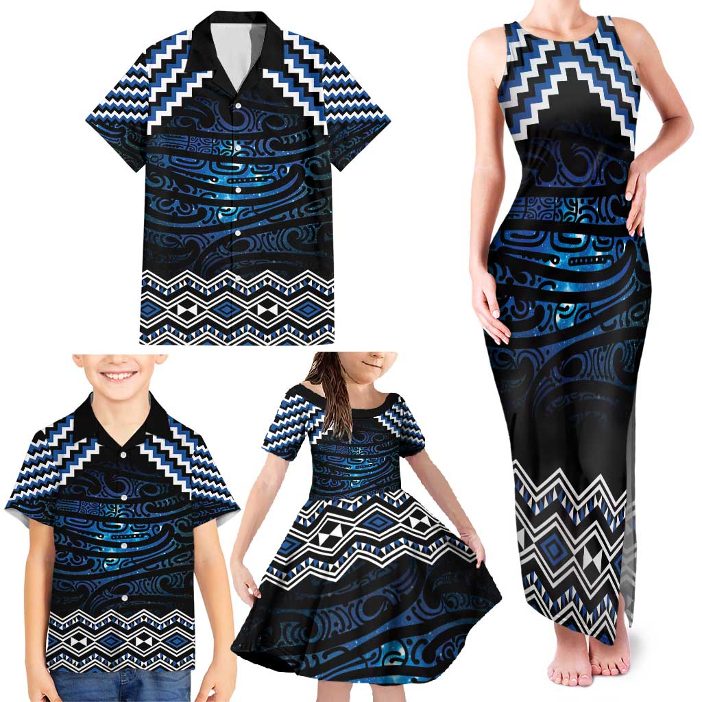 New Zealand Matariki Family Matching Tank Maxi Dress and Hawaiian Shirt Galaxy Styled Taniko LT7 - Polynesian Pride