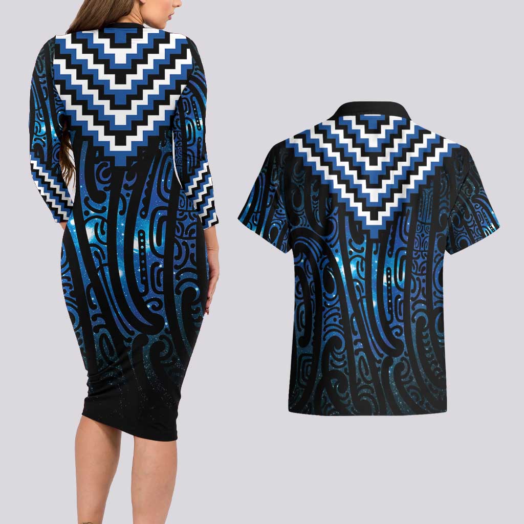 New Zealand Matariki Couples Matching Long Sleeve Bodycon Dress and Hawaiian Shirt Galaxy Poutama Motifs LT7 - Polynesian Pride