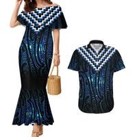 New Zealand Matariki Couples Matching Mermaid Dress and Hawaiian Shirt Galaxy Poutama Motifs LT7 Blue - Polynesian Pride