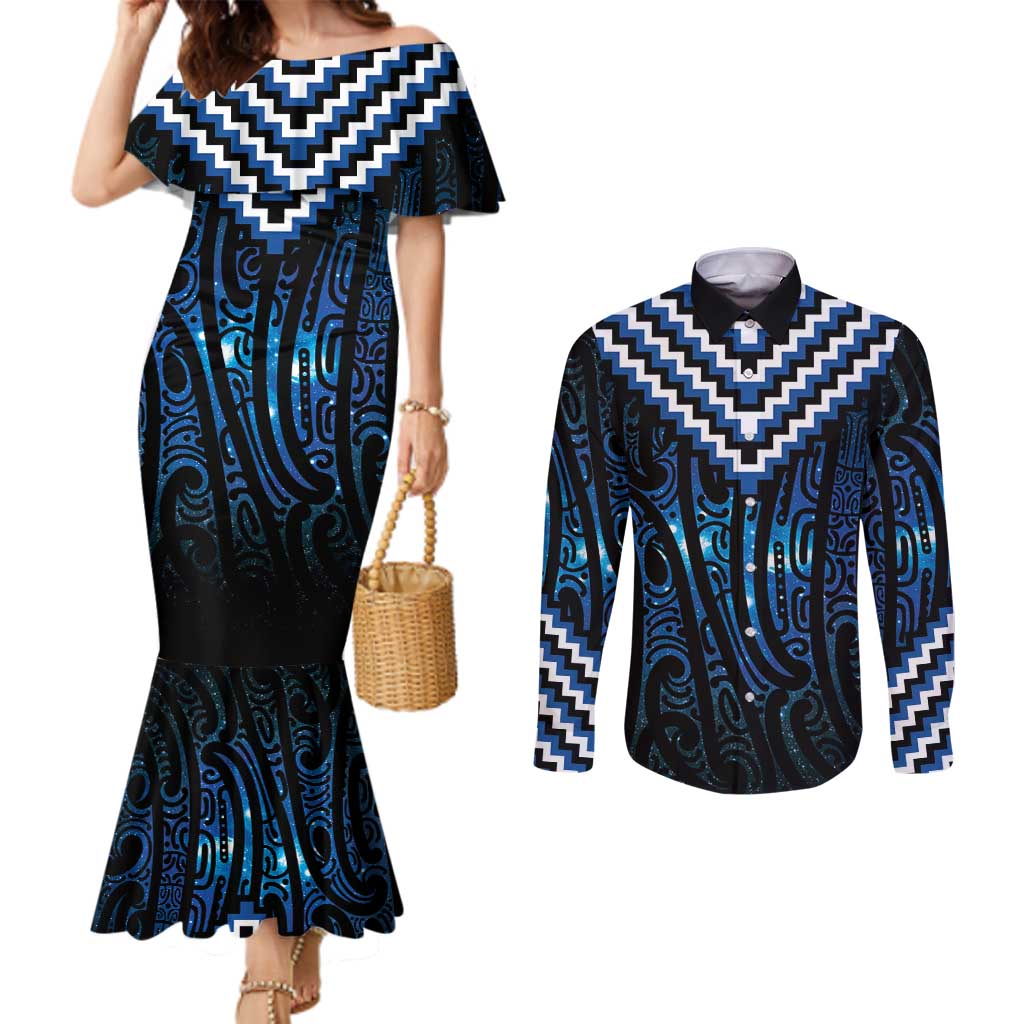New Zealand Matariki Couples Matching Mermaid Dress and Long Sleeve Button Shirt Galaxy Poutama Motifs LT7 Blue - Polynesian Pride