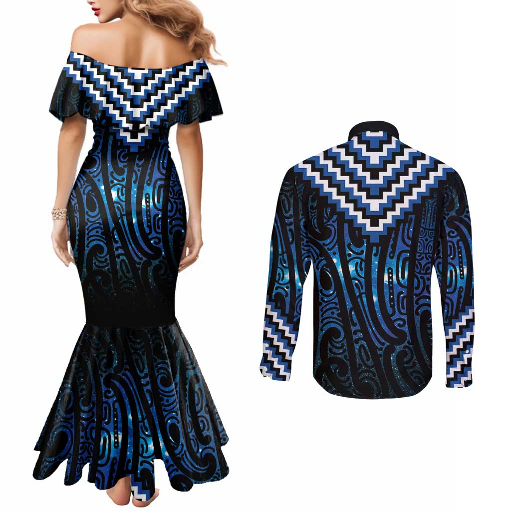 New Zealand Matariki Couples Matching Mermaid Dress and Long Sleeve Button Shirt Galaxy Poutama Motifs LT7 - Polynesian Pride