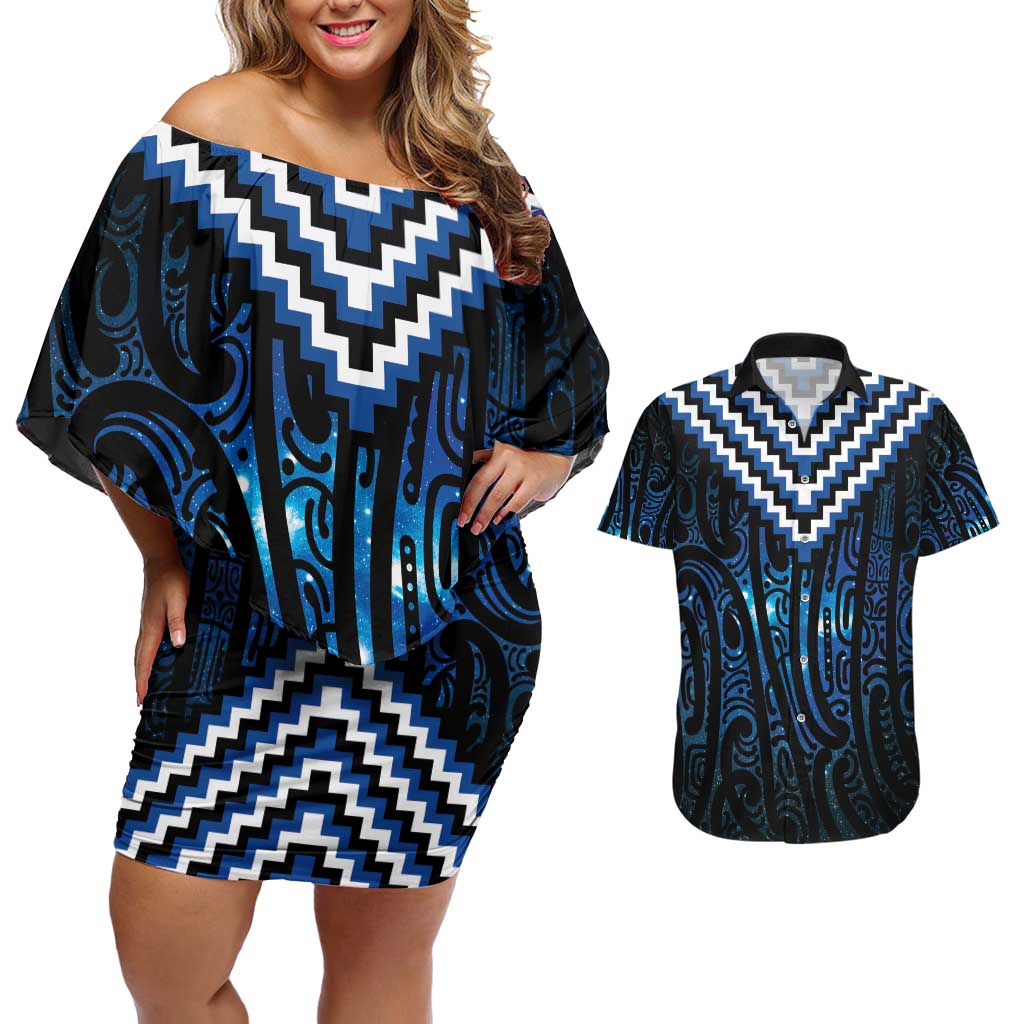 New Zealand Matariki Couples Matching Off Shoulder Short Dress and Hawaiian Shirt Galaxy Poutama Motifs LT7 Blue - Polynesian Pride