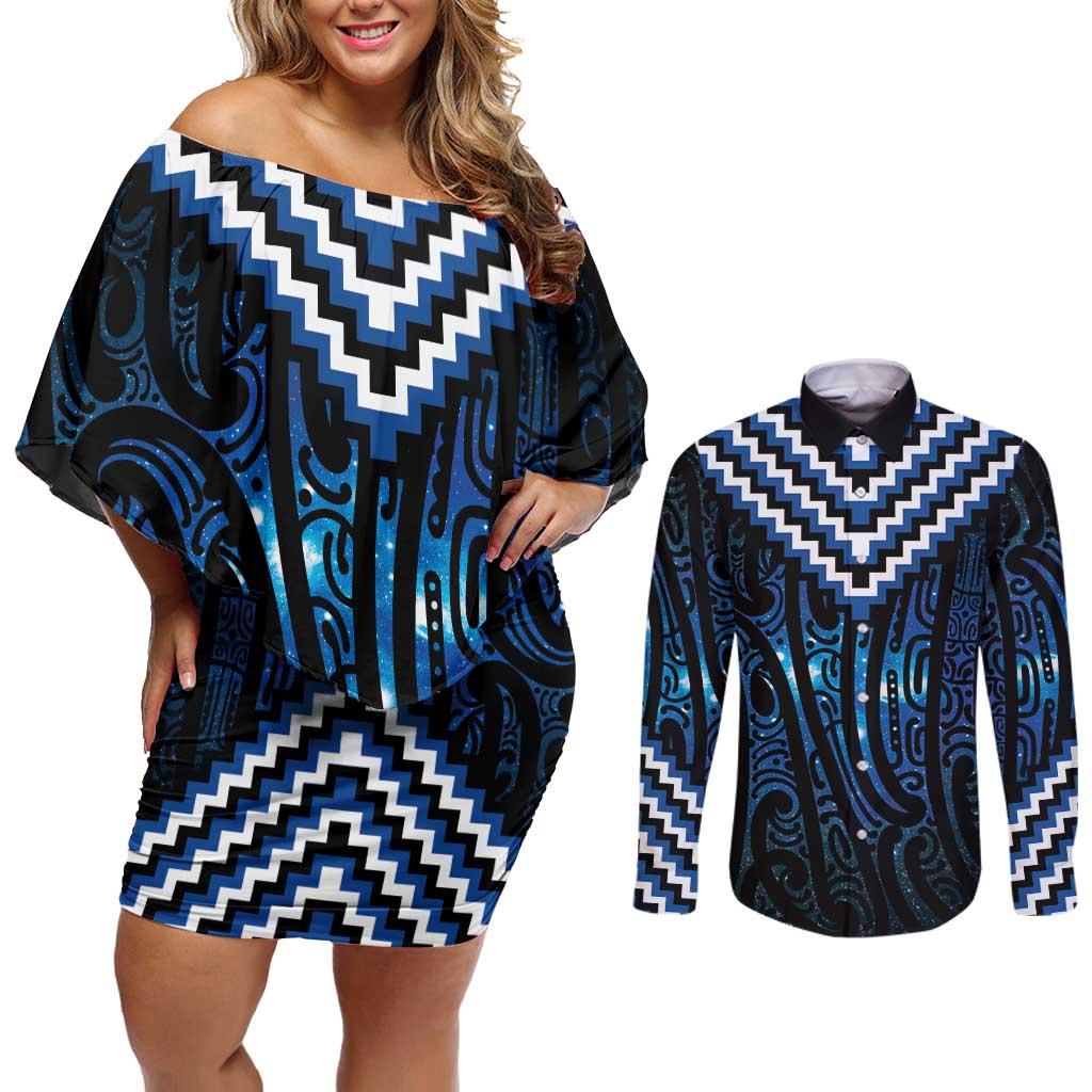 New Zealand Matariki Couples Matching Off Shoulder Short Dress and Long Sleeve Button Shirt Galaxy Poutama Motifs LT7 Blue - Polynesian Pride