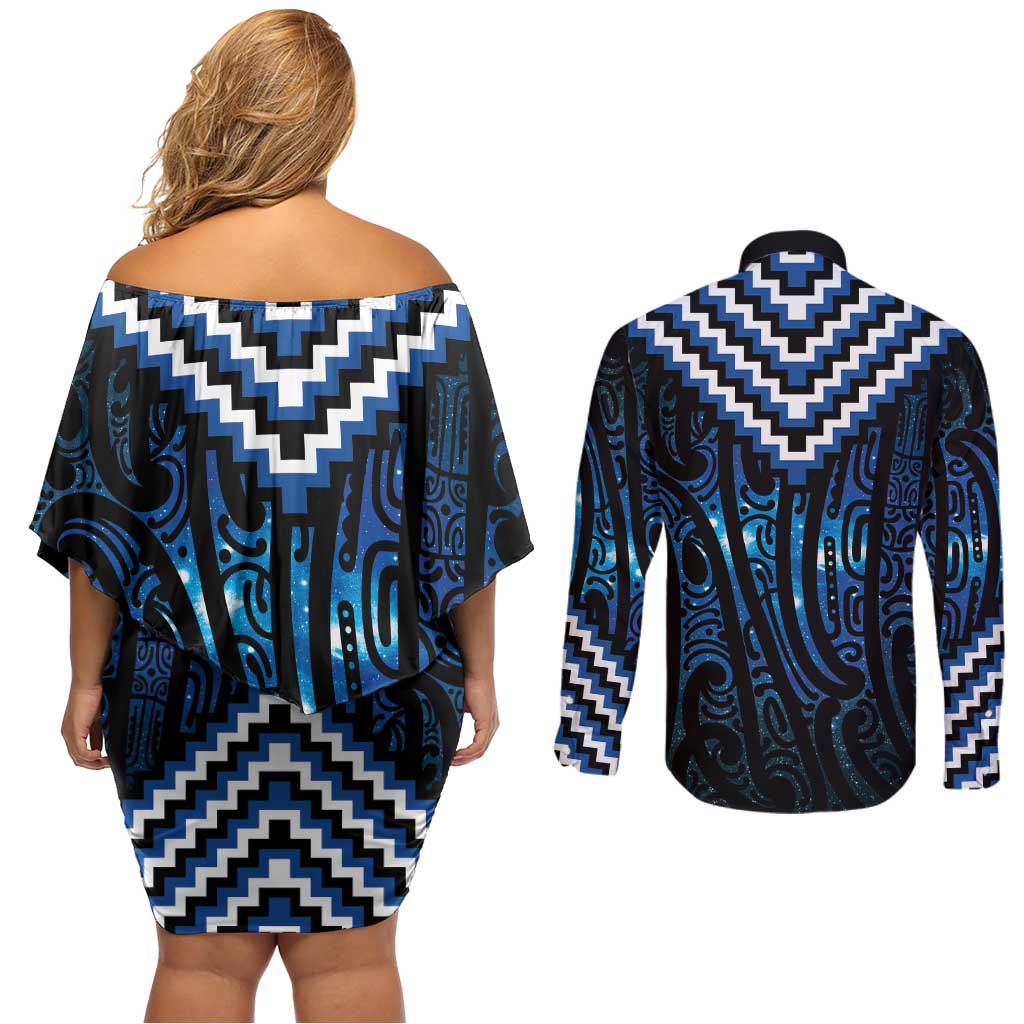 New Zealand Matariki Couples Matching Off Shoulder Short Dress and Long Sleeve Button Shirt Galaxy Poutama Motifs LT7 - Polynesian Pride