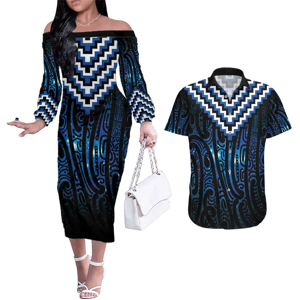 New Zealand Matariki Couples Matching Off The Shoulder Long Sleeve Dress and Hawaiian Shirt Galaxy Poutama Motifs LT7 Blue - Polynesian Pride
