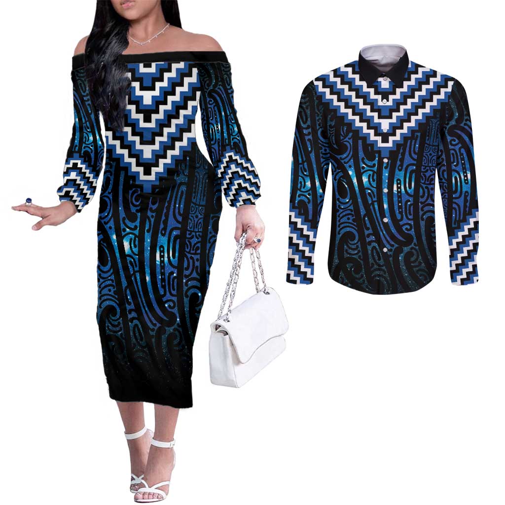 New Zealand Matariki Couples Matching Off The Shoulder Long Sleeve Dress and Long Sleeve Button Shirt Galaxy Poutama Motifs LT7 Blue - Polynesian Pride