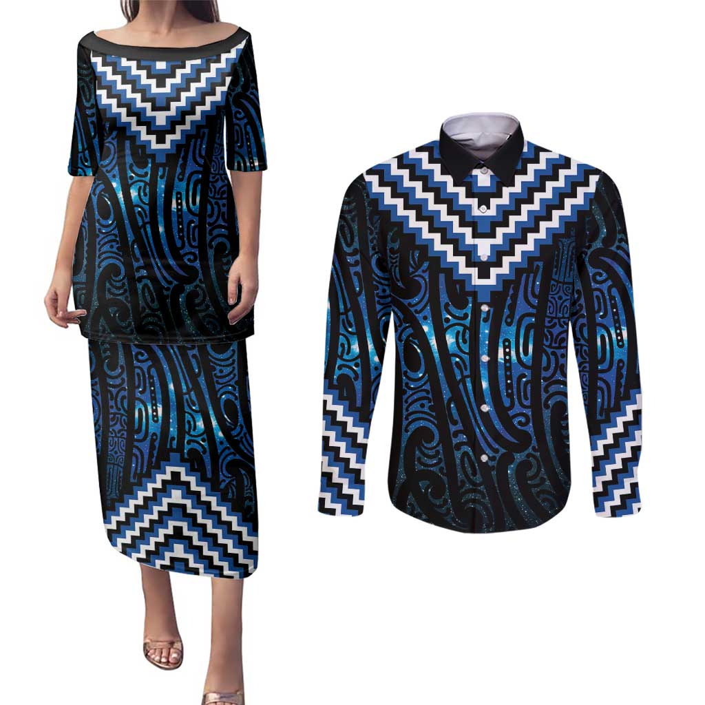 New Zealand Matariki Couples Matching Puletasi and Long Sleeve Button Shirt Galaxy Poutama Motifs LT7 Blue - Polynesian Pride