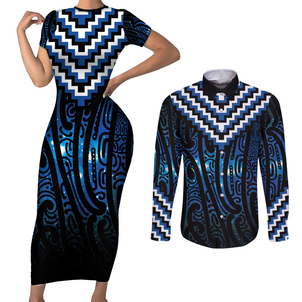 New Zealand Matariki Couples Matching Short Sleeve Bodycon Dress and Long Sleeve Button Shirt Galaxy Poutama Motifs LT7 Blue - Polynesian Pride