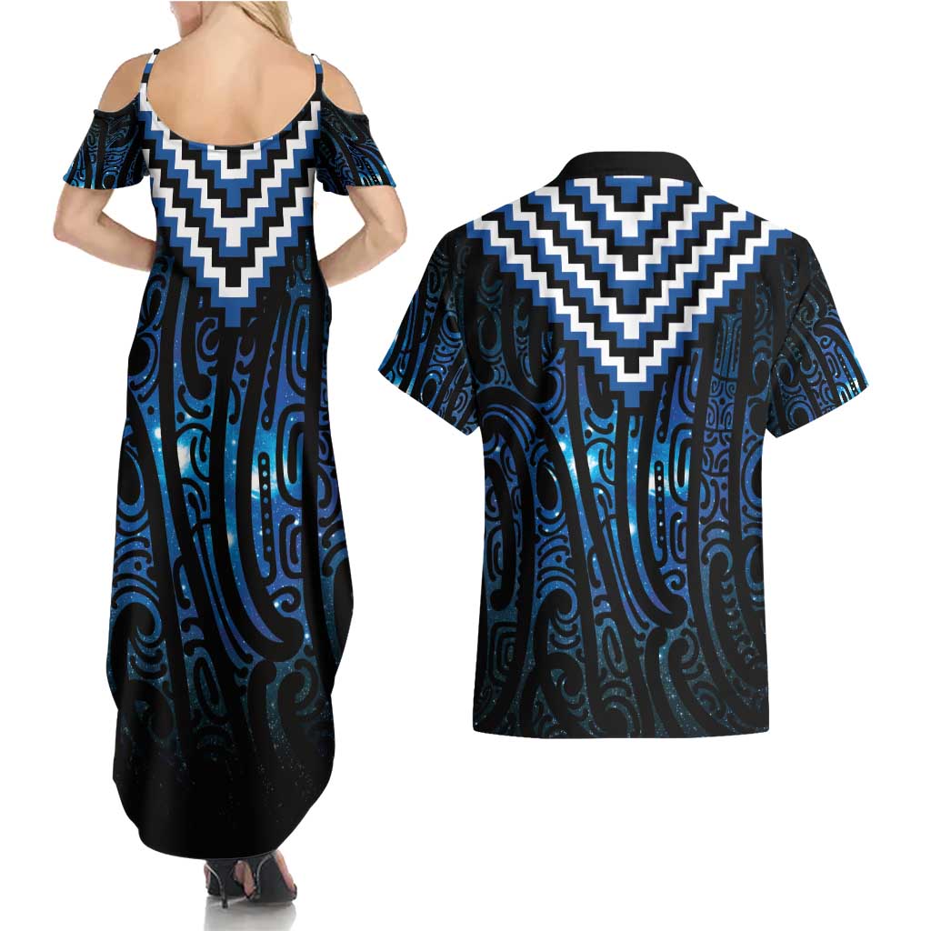 New Zealand Matariki Couples Matching Summer Maxi Dress and Hawaiian Shirt Galaxy Poutama Motifs LT7 - Polynesian Pride
