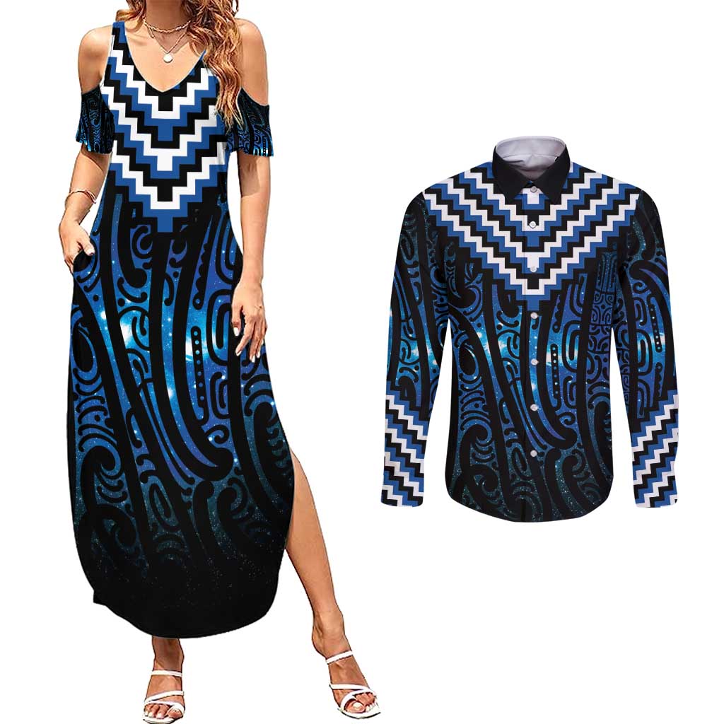 New Zealand Matariki Couples Matching Summer Maxi Dress and Long Sleeve Button Shirt Galaxy Poutama Motifs LT7 Blue - Polynesian Pride