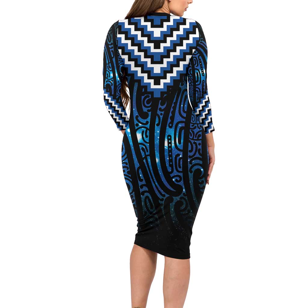 New Zealand Matariki Family Matching Long Sleeve Bodycon Dress and Hawaiian Shirt Galaxy Poutama Motifs LT7 - Polynesian Pride