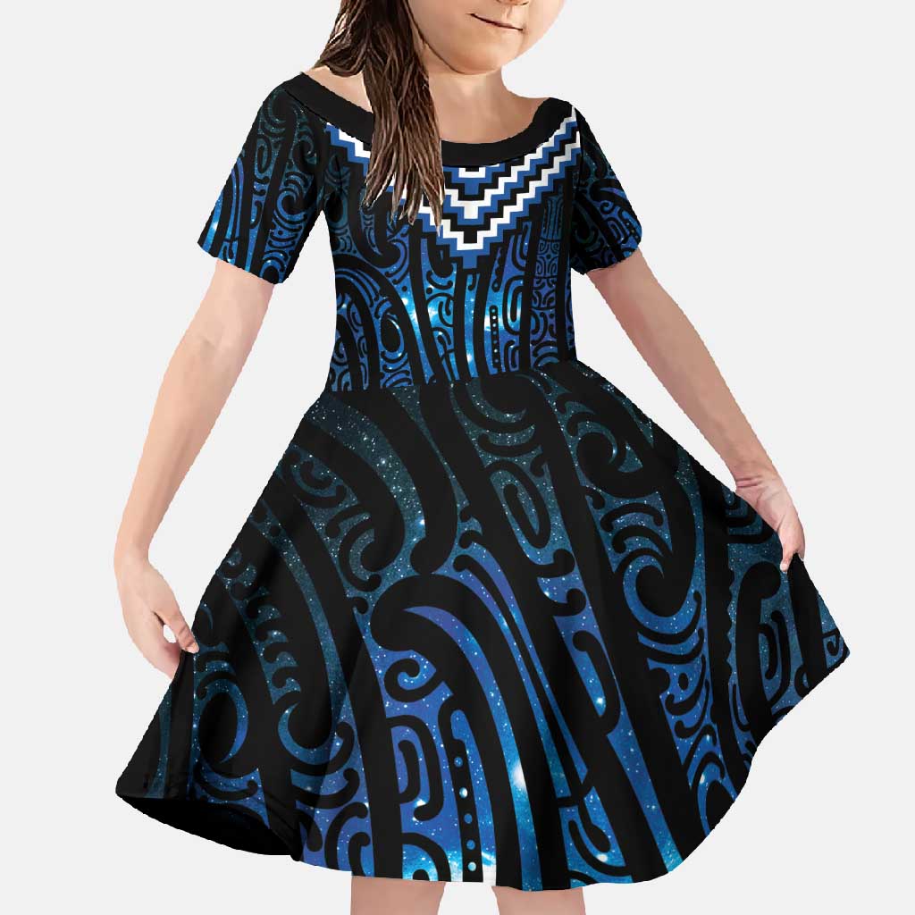 New Zealand Matariki Family Matching Off Shoulder Maxi Dress and Hawaiian Shirt Galaxy Poutama Motifs LT7 Daughter's Dress Blue - Polynesian Pride
