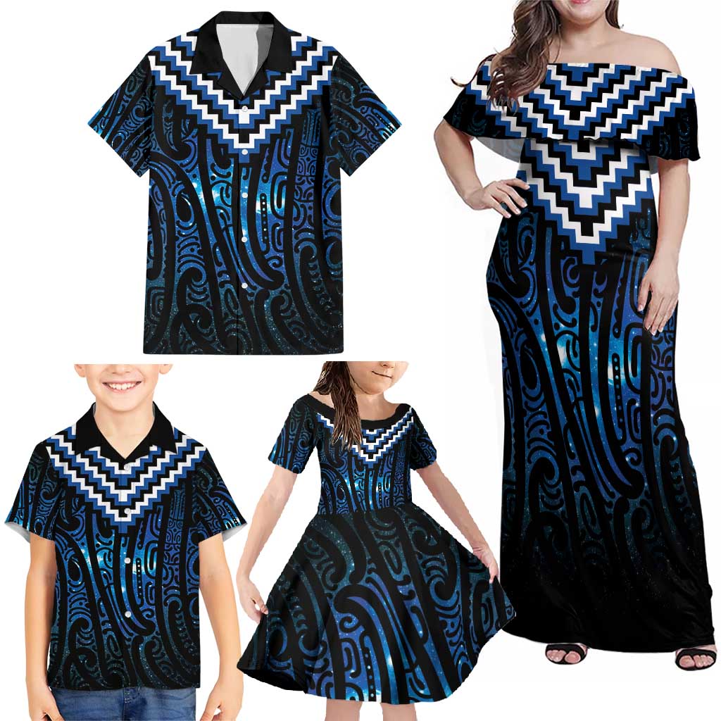 New Zealand Matariki Family Matching Off Shoulder Maxi Dress and Hawaiian Shirt Galaxy Poutama Motifs LT7 - Polynesian Pride