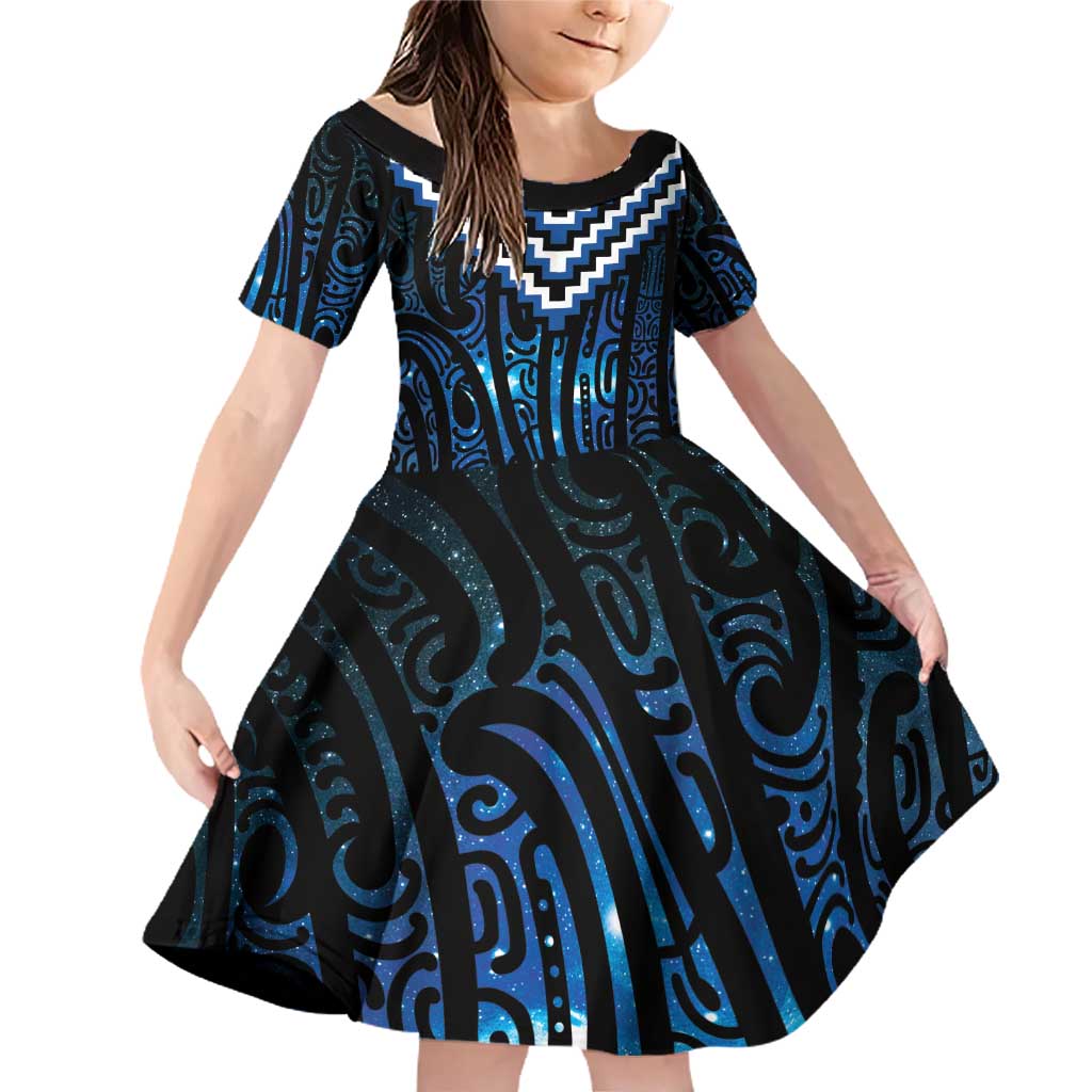 New Zealand Matariki Family Matching Off Shoulder Short Dress and Hawaiian Shirt Galaxy Poutama Motifs LT7 Daughter's Dress Blue - Polynesian Pride