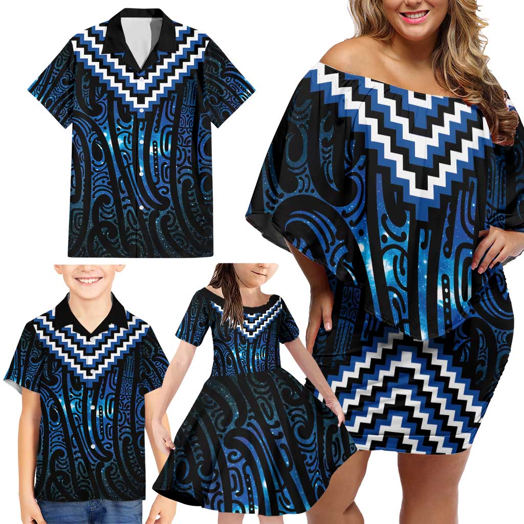 New Zealand Matariki Family Matching Off Shoulder Short Dress and Hawaiian Shirt Galaxy Poutama Motifs LT7 - Polynesian Pride