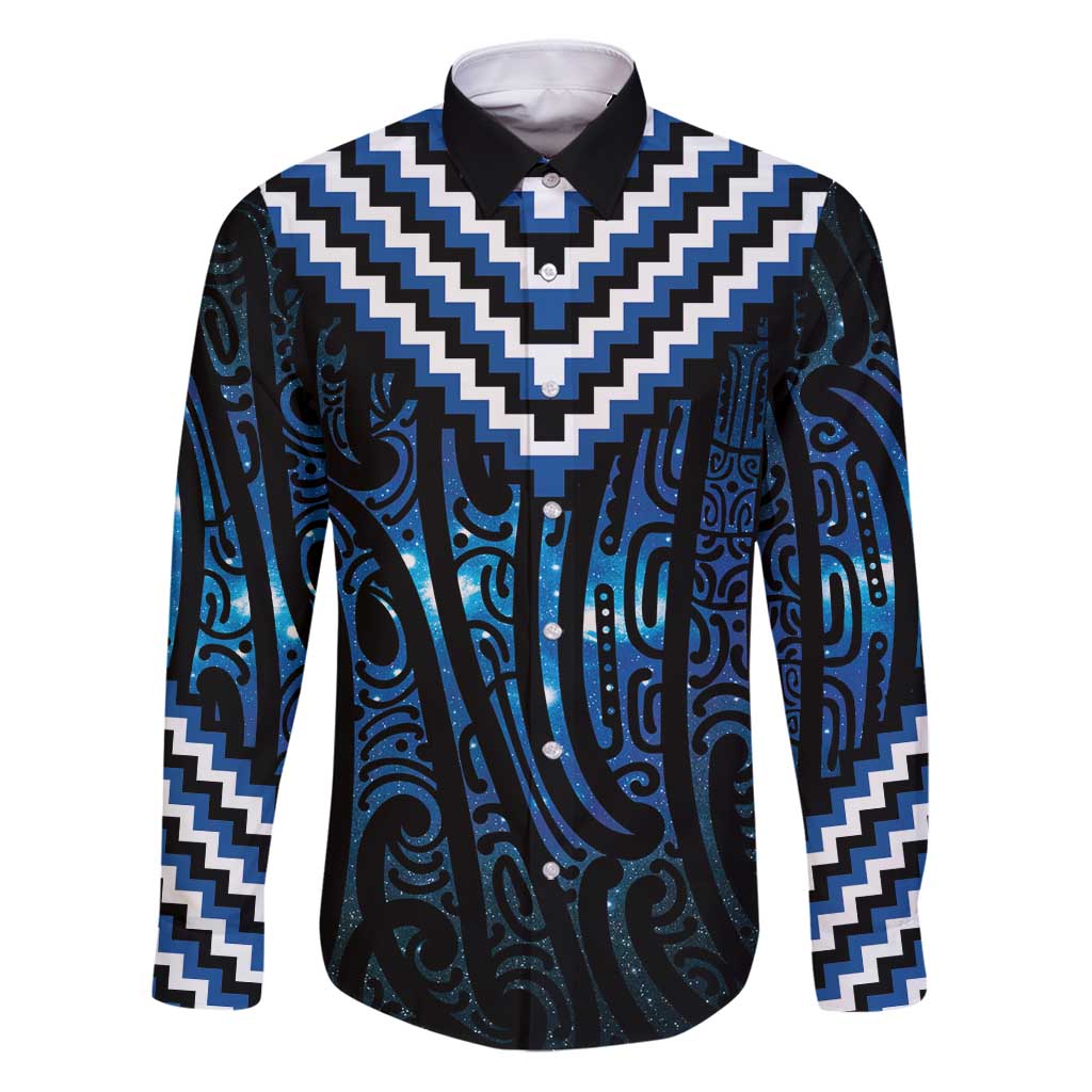 New Zealand Matariki Family Matching Puletasi and Hawaiian Shirt Galaxy Poutama Motifs LT7 Dad's Shirt - Long Sleeve Blue - Polynesian Pride