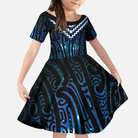 New Zealand Matariki Family Matching Short Sleeve Bodycon Dress and Hawaiian Shirt Galaxy Poutama Motifs LT7 Daughter's Dress Blue - Polynesian Pride