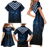 New Zealand Matariki Family Matching Short Sleeve Bodycon Dress and Hawaiian Shirt Galaxy Poutama Motifs LT7 - Polynesian Pride