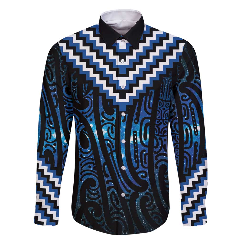New Zealand Matariki Family Matching Tank Maxi Dress and Hawaiian Shirt Galaxy Poutama Motifs LT7 Dad's Shirt - Long Sleeve Blue - Polynesian Pride