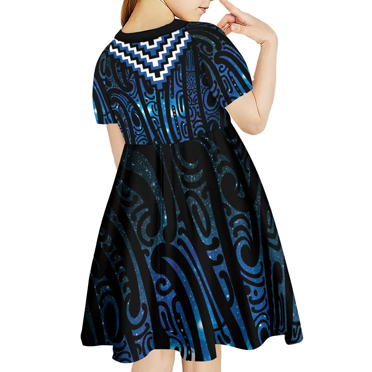 New Zealand Matariki Kid Short Sleeve Dress Galaxy Poutama Motifs LT7 - Polynesian Pride