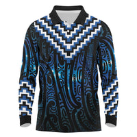 New Zealand Matariki Long Sleeve Polo Shirt Galaxy Poutama Motifs LT7 Blue - Polynesian Pride