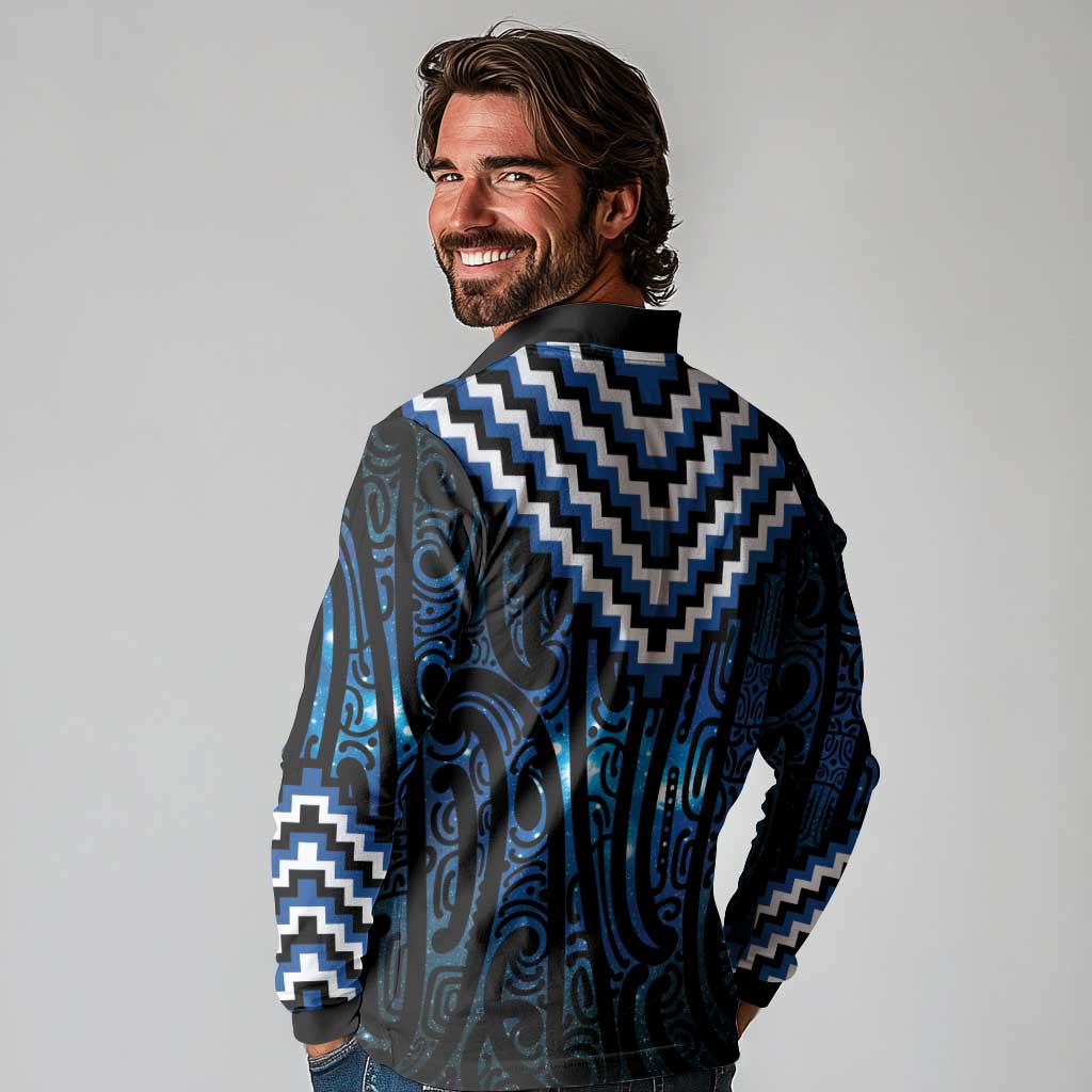 New Zealand Matariki Long Sleeve Polo Shirt Galaxy Poutama Motifs LT7 - Polynesian Pride