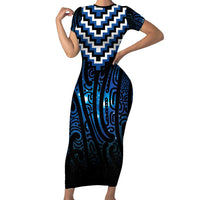New Zealand Matariki Short Sleeve Bodycon Dress Galaxy Poutama Motifs LT7 Long Dress Blue - Polynesian Pride